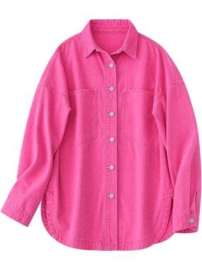 Women’s Rose Red Oversized Button Down Long Sleeve Shacket Denim Jean Jacket